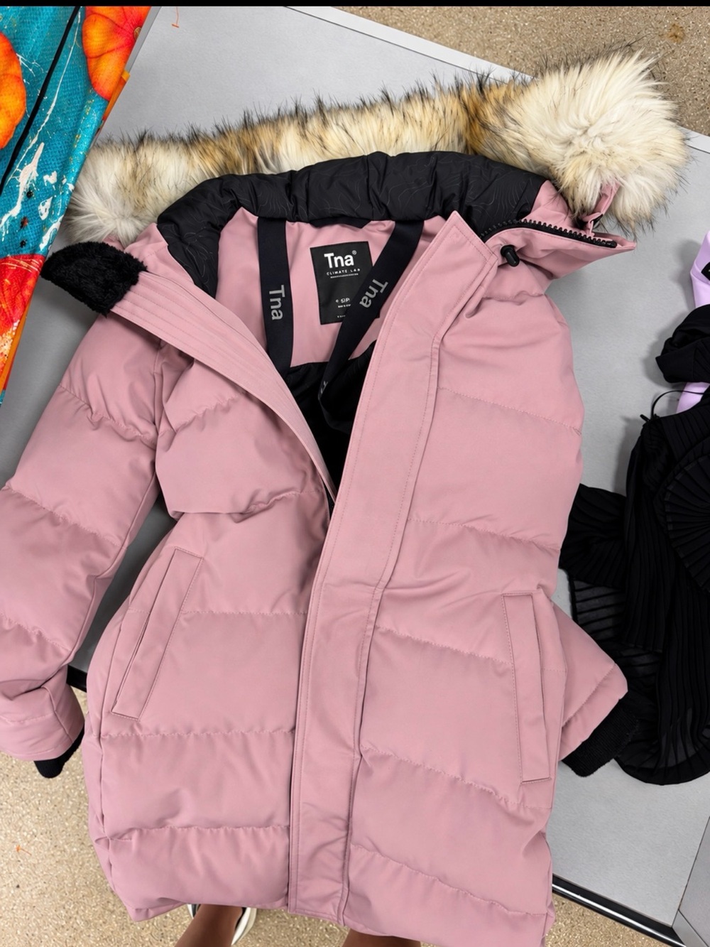 TNA Dusty Pink Women's Puffer Parka with Faux Fur Trim Hood